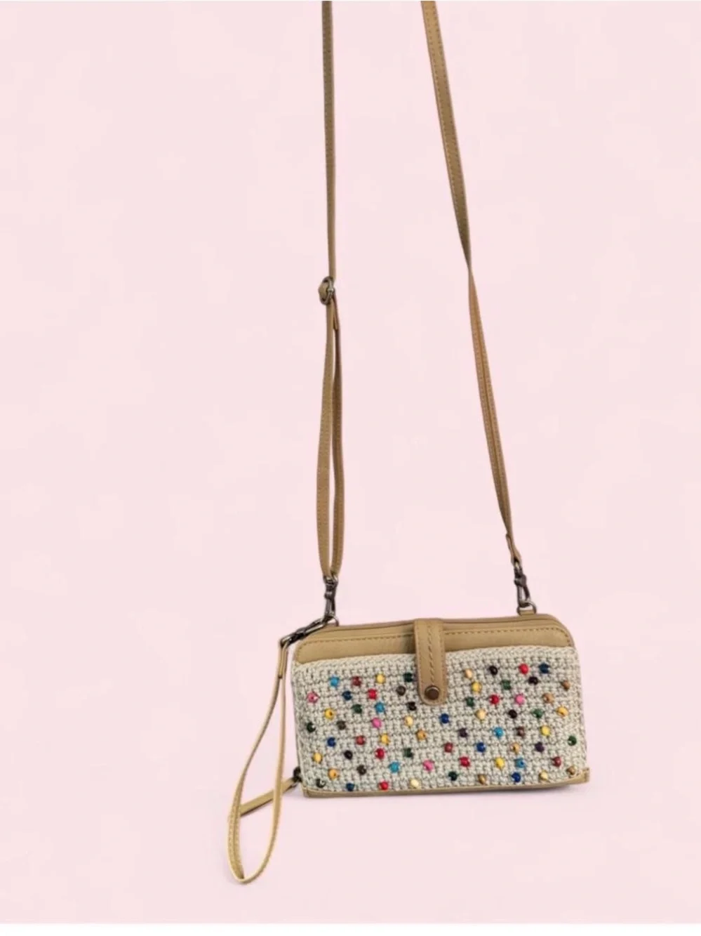 The Sak Large Smartphone Crochet & Leather Beaded Convertible Crossbody/Wristlet